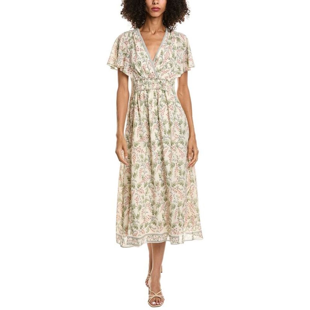 Max Studio Womens V-Neck Flutter Sleeve Midi Dress, White